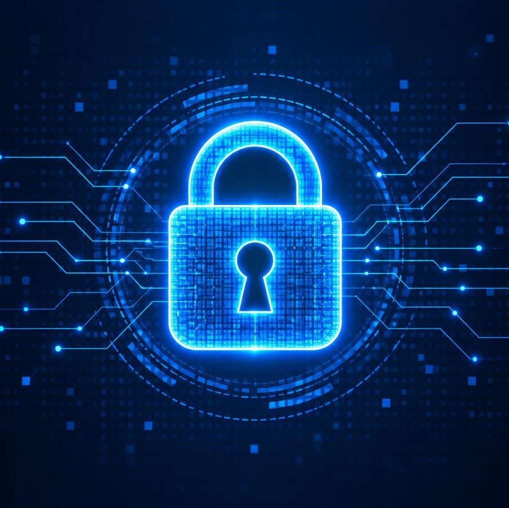 Digital padlock symbol on a glowing screen representing cybersecurity