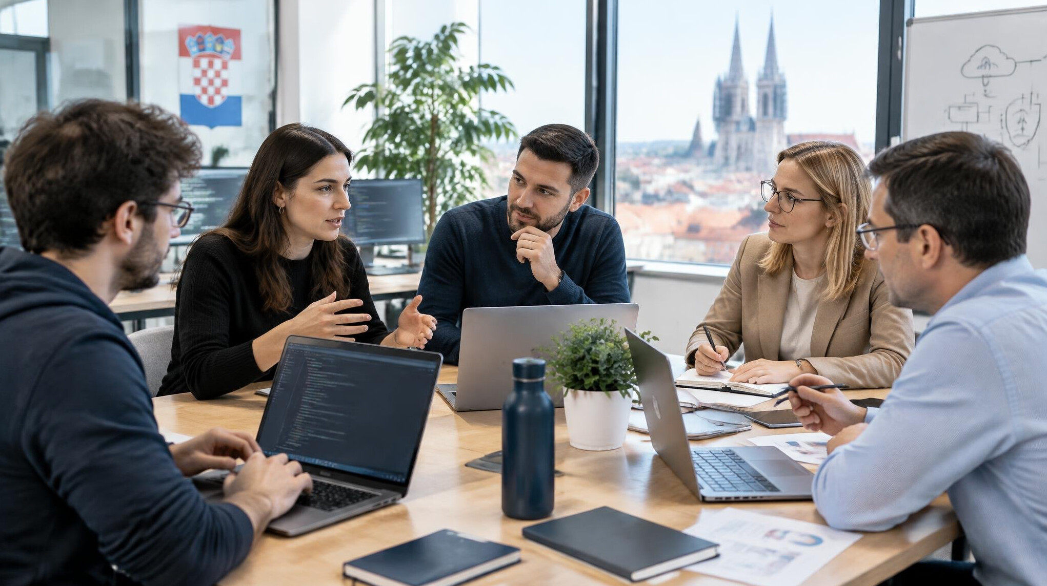 Team of professionals discussing a software project in a modern office